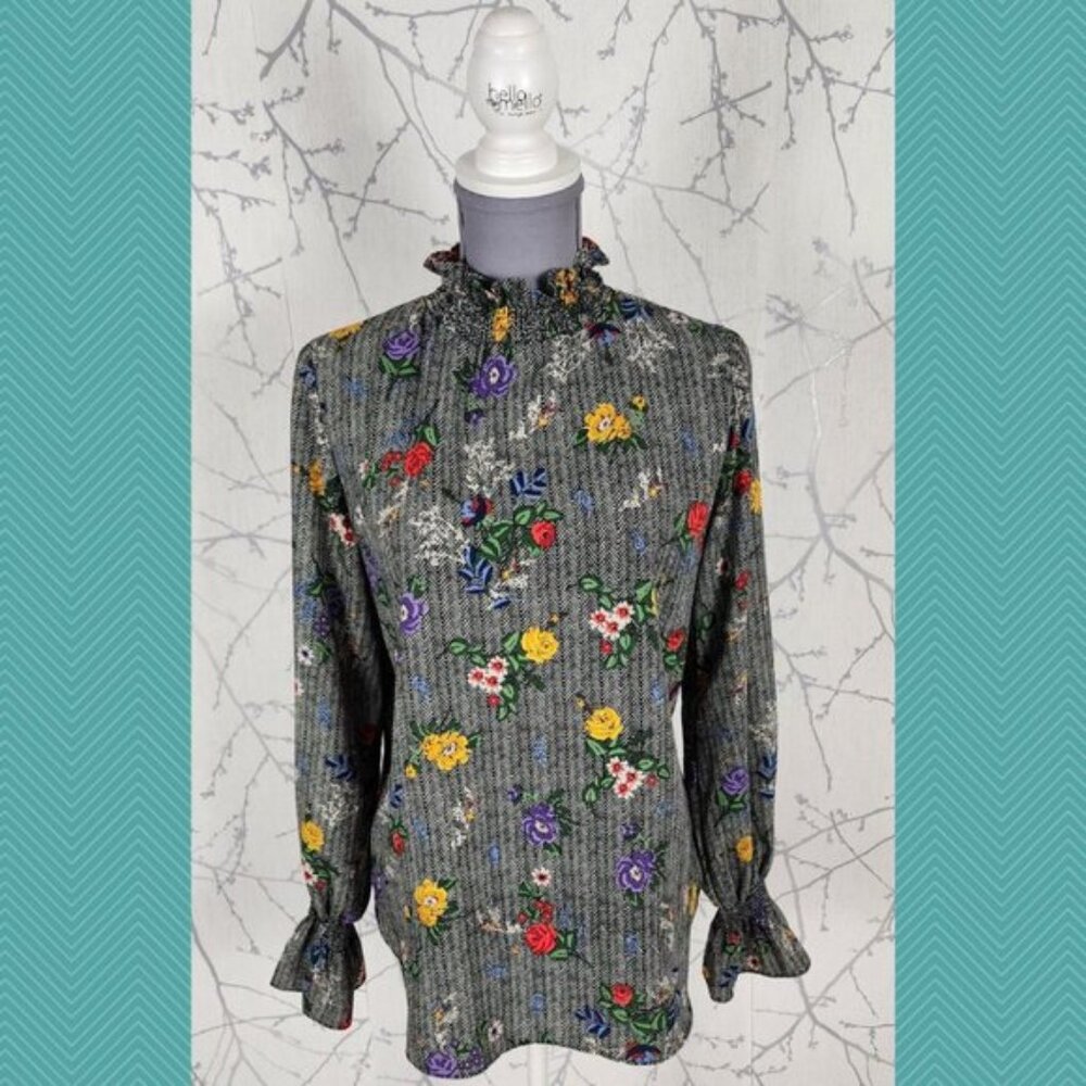 Oriental Vintage Korea Herringbone Floral Print Mockneck Blouse